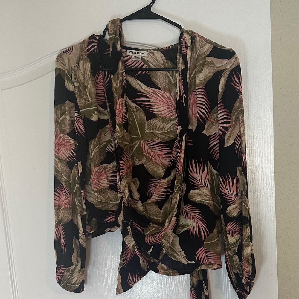 Billabong Black Tie-Front Tropical Blouse with Pink & Olive Leaves